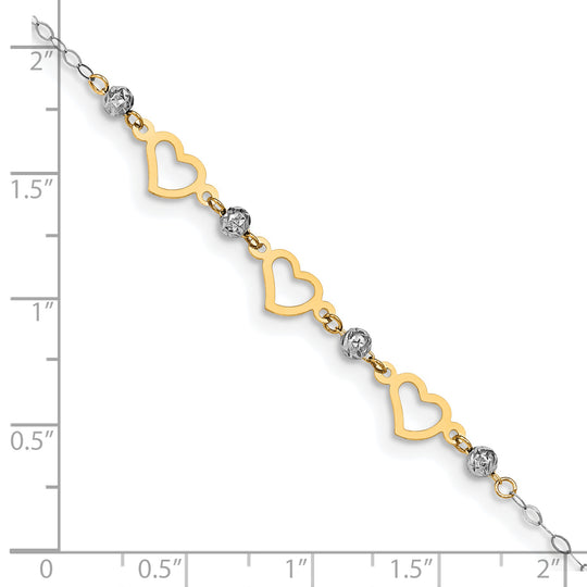Tobillera con Eslabones Ovalados en Oro Bicolor de 14k con Cuentas de Talla Diamante y Corazón de 9 pulgadas más 1 pulgada de extensión