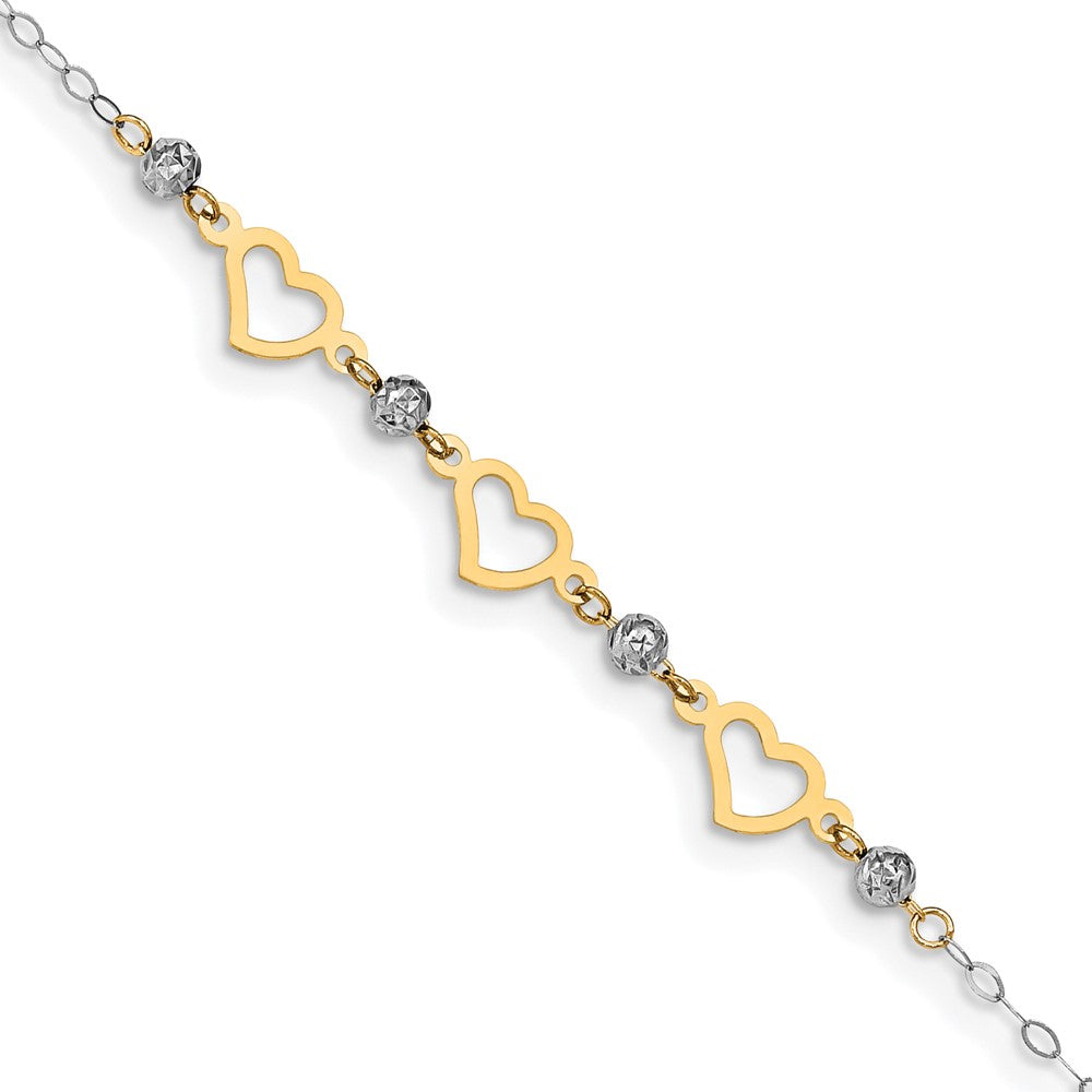 Tobillera con Eslabones Ovalados en Oro Bicolor de 14k con Cuentas de Talla Diamante y Corazón de 9 pulgadas más 1 pulgada de extensión