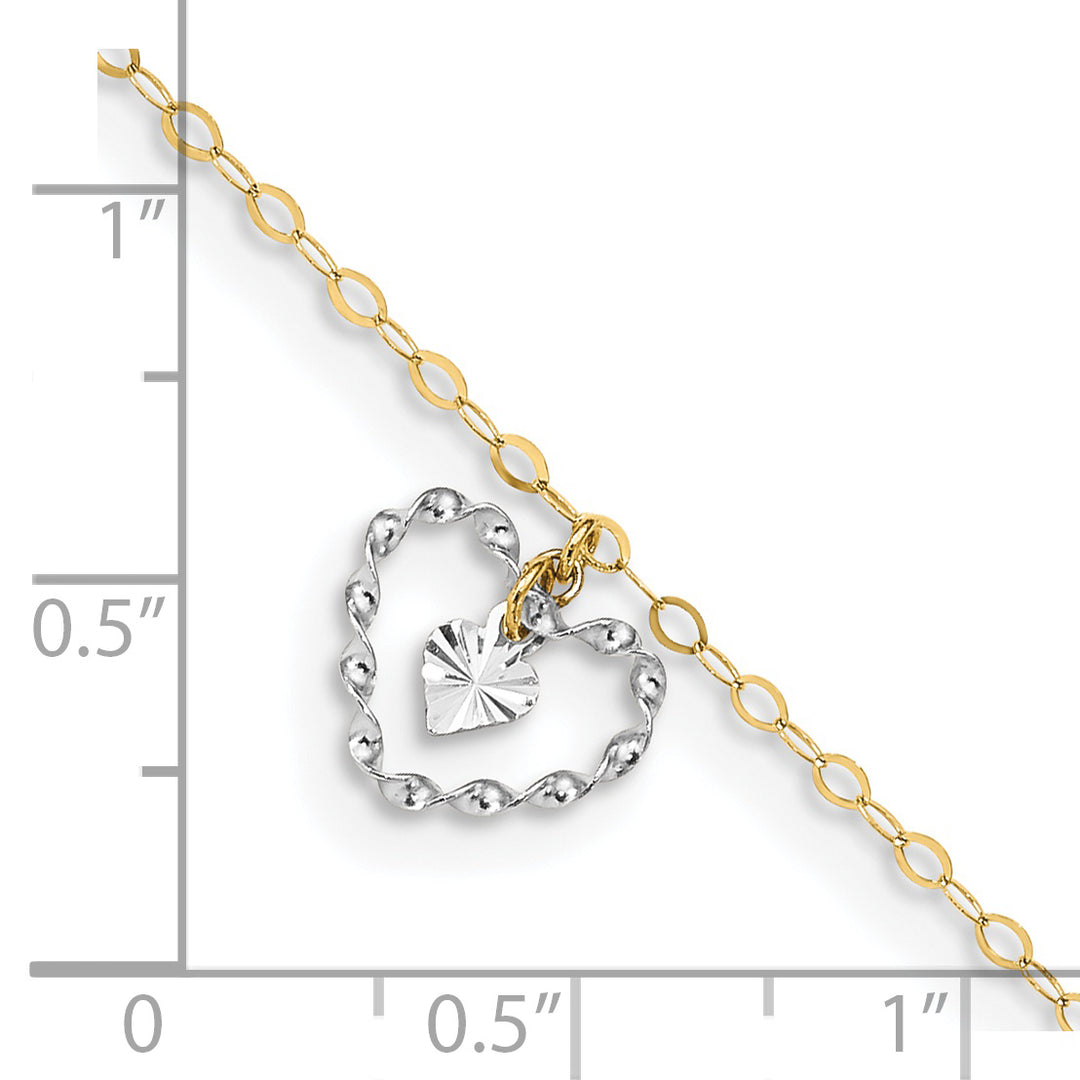 Tobillera de 14 quilates con corazones retorcidos y con corte de diamante en Oro Bicolor, 9 pulgadas más 1 pulgada de extensión