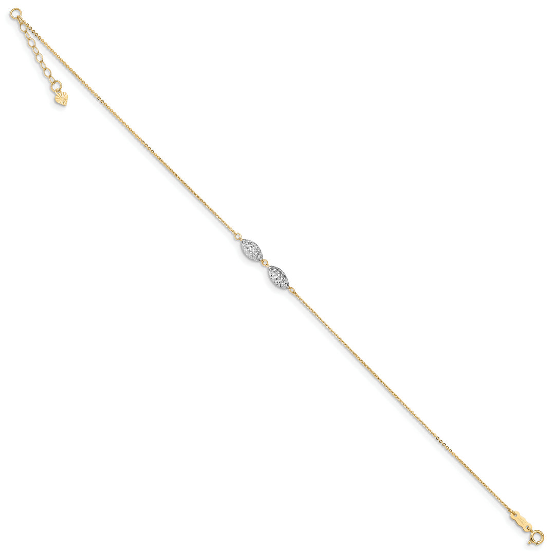 Tobillera con Cuentas de Arroz Hojaldre con Corte Diamante en Oro Bicolor de 14k, 9 pulgadas más 1 pulgada de Extensión