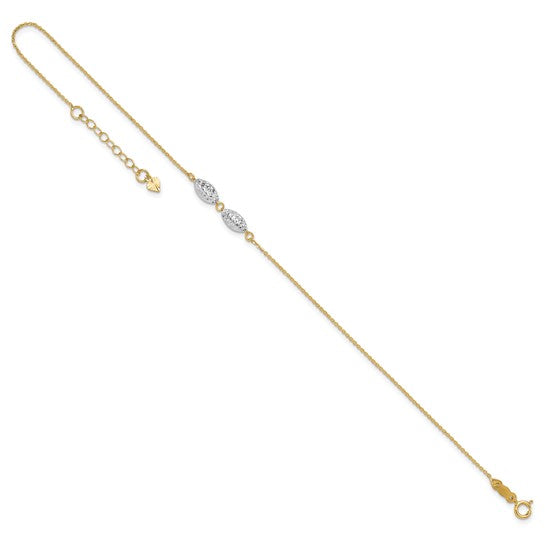 Tobillera con Cuentas de Arroz Hojaldre con Corte Diamante en Oro Bicolor de 14k, 9 pulgadas más 1 pulgada de Extensión