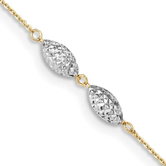 Tobillera con Cuentas de Arroz Hojaldre con Corte Diamante en Oro Bicolor de 14k, 9 pulgadas más 1 pulgada de Extensión