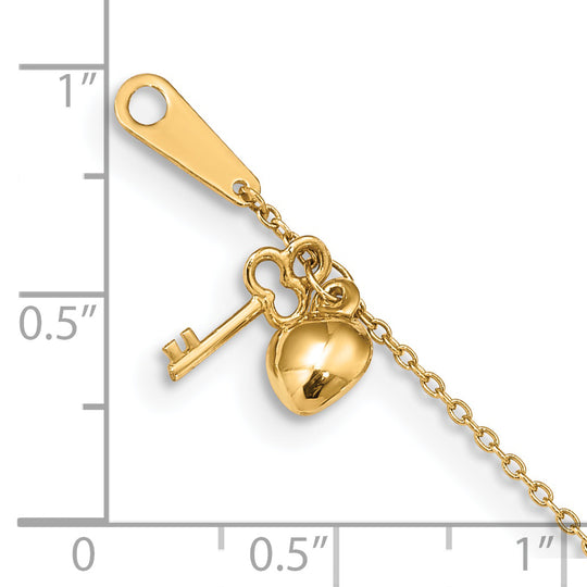 Corazón y llave de oro de 14 k de 9 pulgadas más extensión de 1 pulgada. TOBILLERA