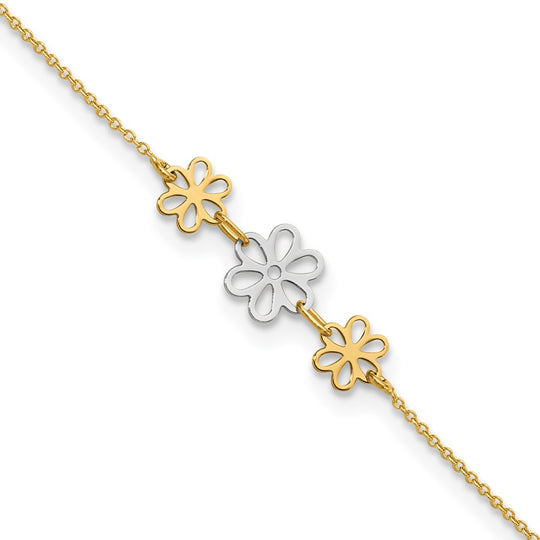 Tobillera de Tres Flores Pulidas en Oro Bicolor de 14k de 9 Pulgadas más 1 Pulgada de Extensión