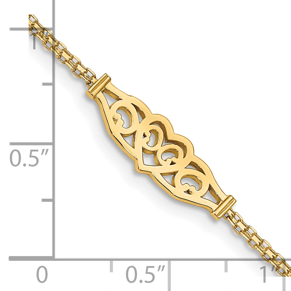 Tobillera de 9 pulgadas con corazón de filigrana pulida de 14k