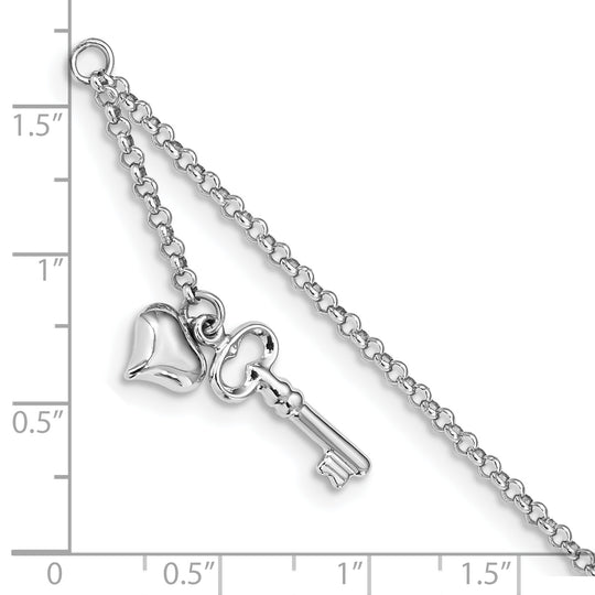 Llave de corazón inflada pulida ajustable de oro blanco de 14 k de 9 pulgadas más extensión de 1 pulgada. TOBILLERA