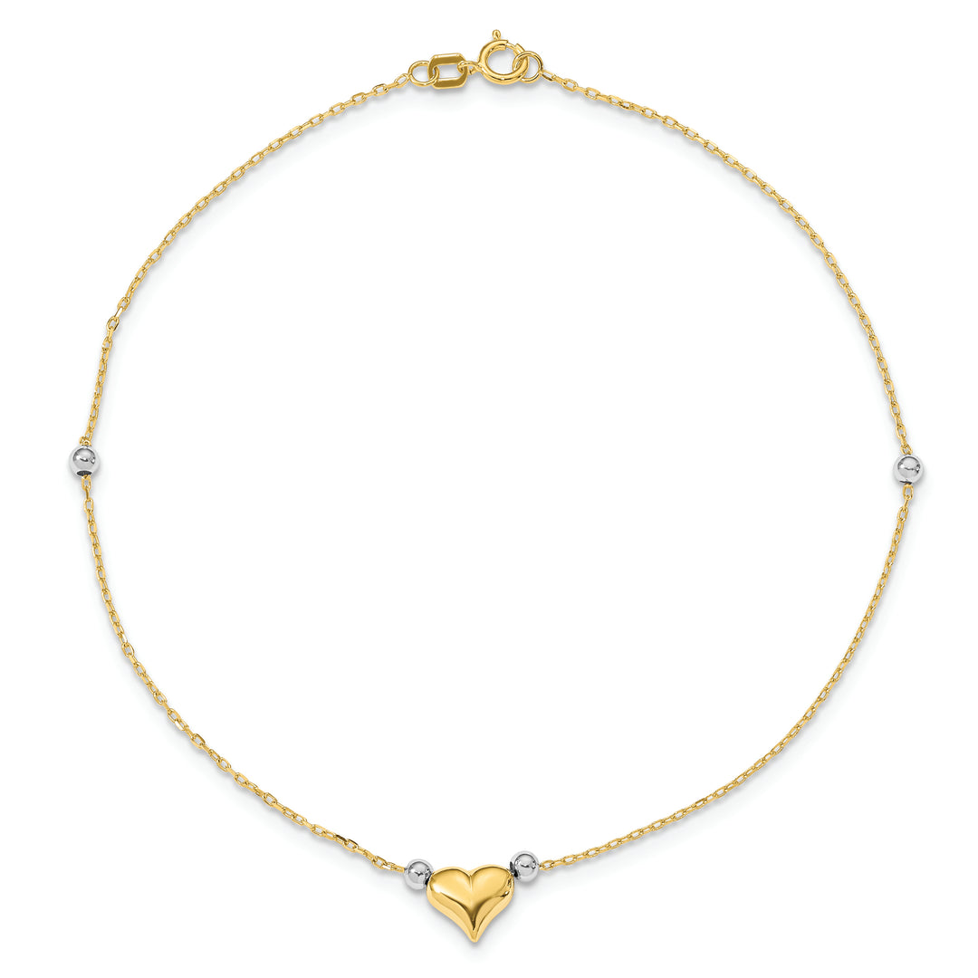 Tobillera con corazón Inflado Pulido de 10 Pulg.en Oro Bicolor de 14k con Cuentas