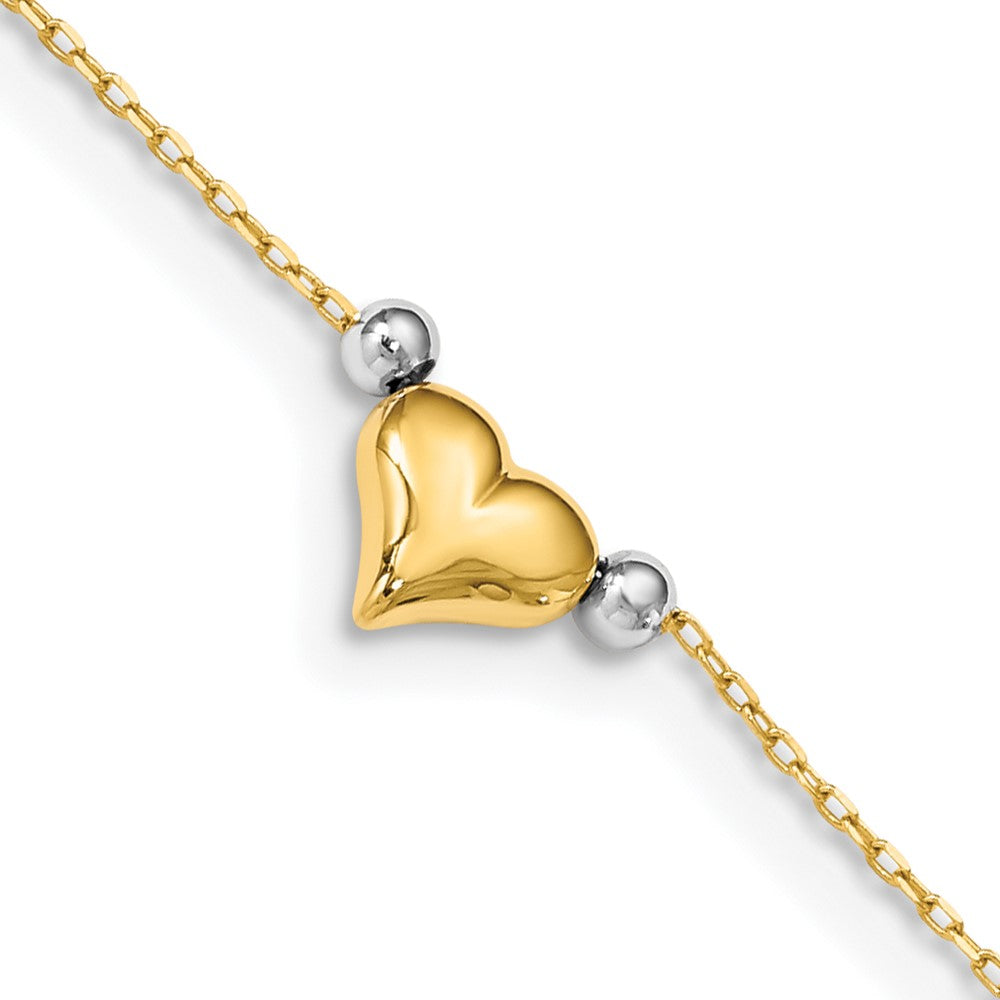 Tobillera con corazón Inflado Pulido de 10 Pulg.en Oro Bicolor de 14k con Cuentas