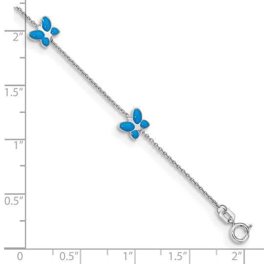 Tobillera de 10 pulgadas con mariposa esmaltada azul en oro blanco de 14k