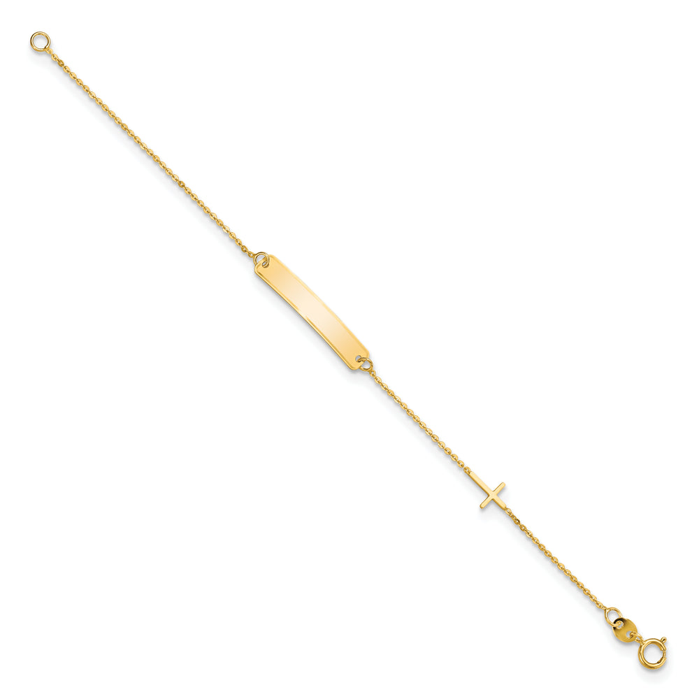 Pulsera ID Cruz Pulida de 14K de 5.5 Pulgadas