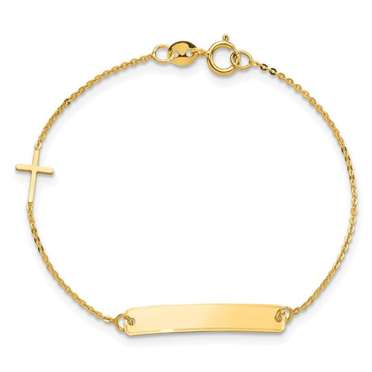 Pulsera ID Cruz Pulida de 14K de 5.5 Pulgadas