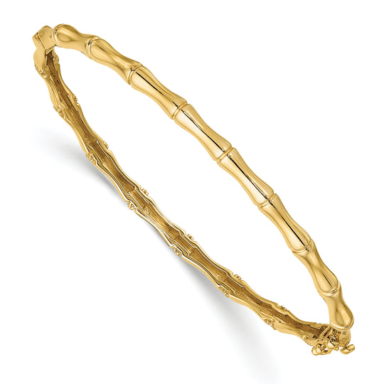 Pulsera Bangle 14k Oro Amarillo Diseño Bambú con Diamantes y Cierre de Bisagra