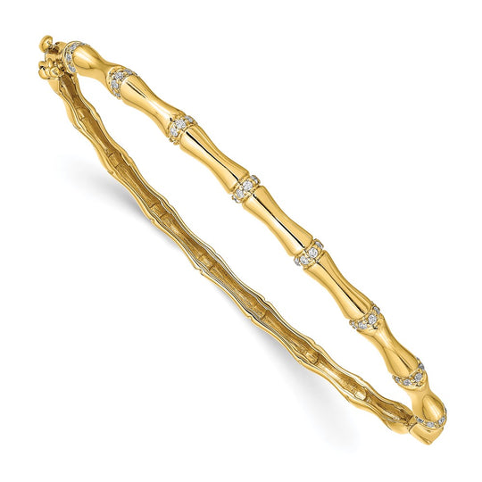 Pulsera Bangle 14k Oro Amarillo Diseño Bambú con Diamantes y Cierre de Bisagra