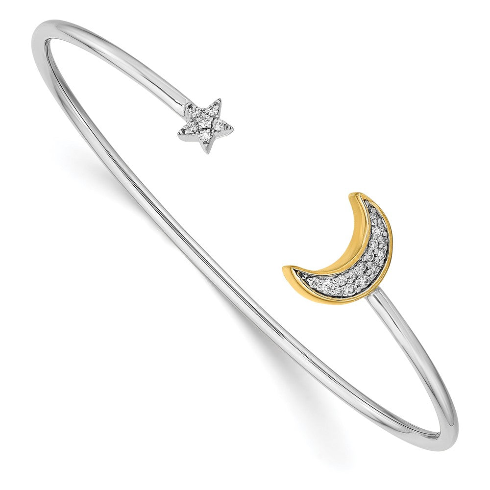 Pulsera Abierta de Oro de 14k Bicolor con Diseño de Luna y Estrella con Diamantes