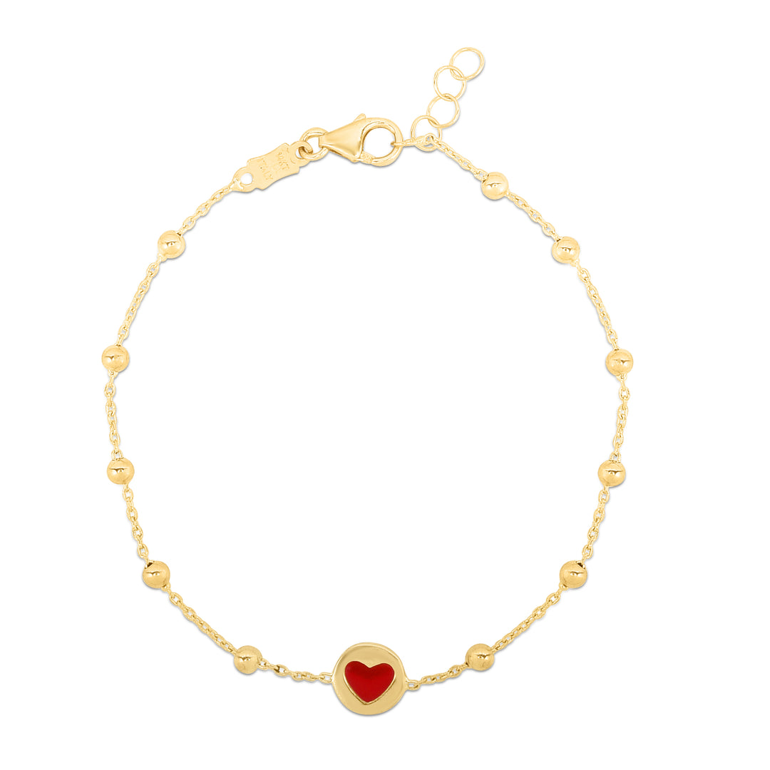 Pulsera de cuentas y corazón rojo de oro de 14 quilates