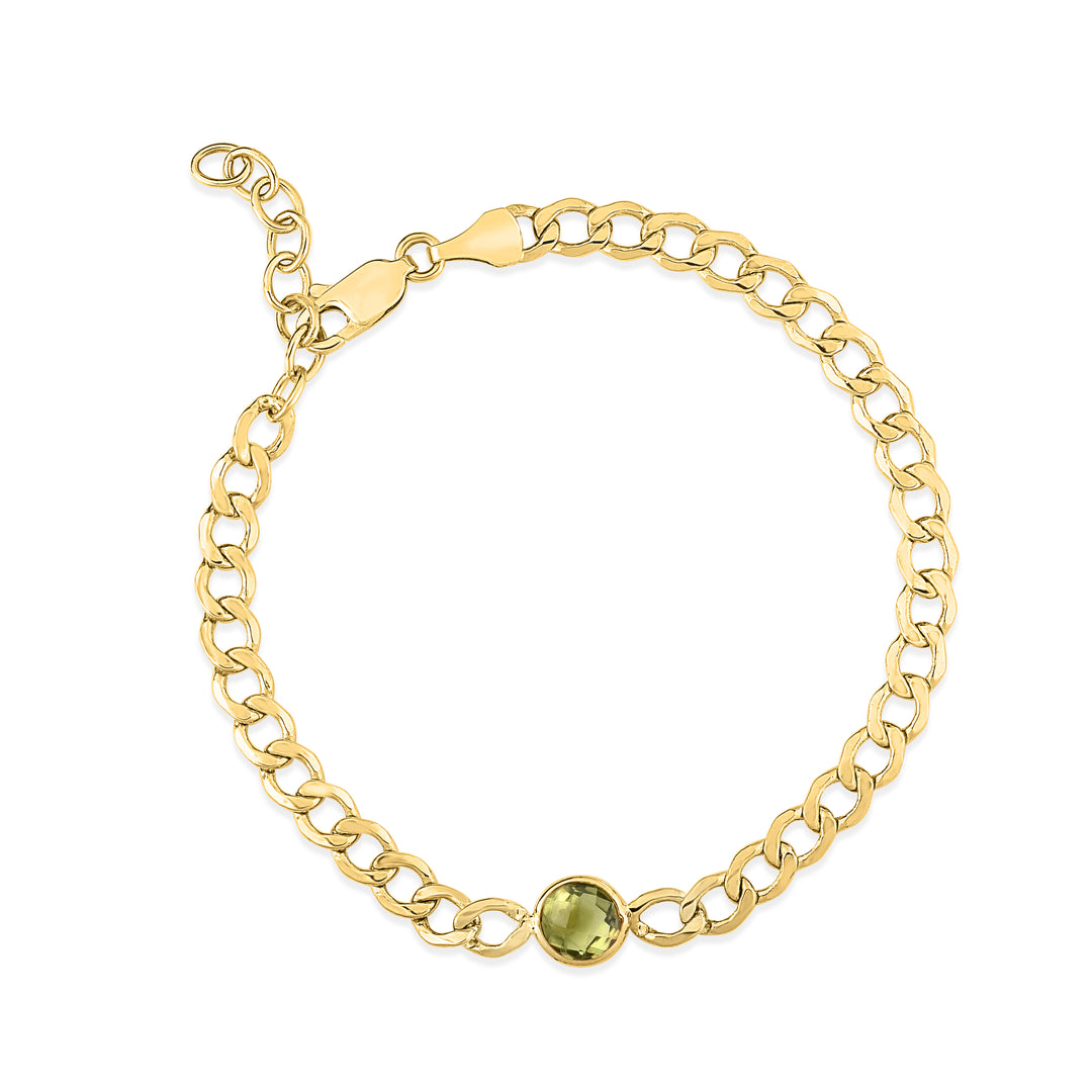 Pulsera de cadena curvada con peridoto de 14 quilates