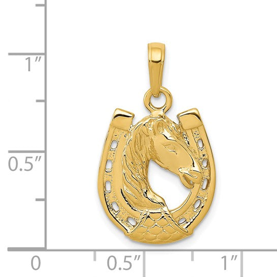 Colgante Cabeza de Caballo en Herradura de Oro Amarillo Sólido Pulido de 14K