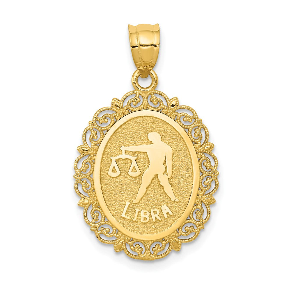 Dije Ovalado Zodiacal Libra de Oro Amarillo Sólido de 14k con Acabado Satinado y Pulido