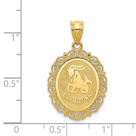 Dije Zodiacal de Capricornio ovalado en Oro de 14k con Acabado Satinado y Pulido