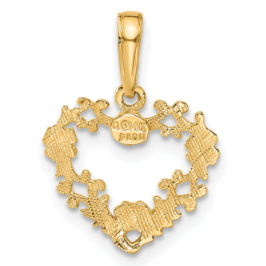 Colgante de Corazón con Borde Floral Pulido en Oro 14K