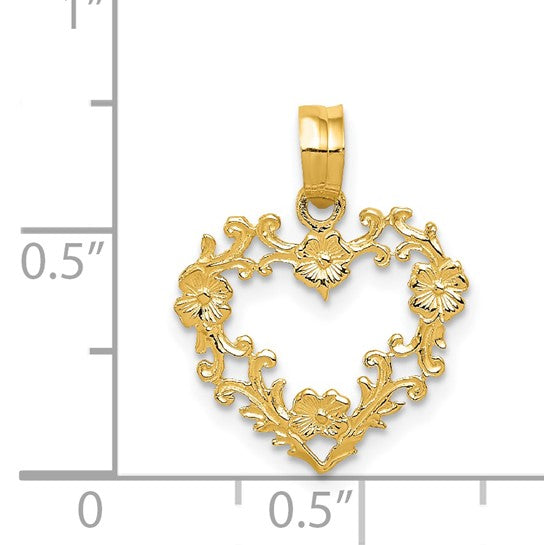 Colgante de Corazón con Borde Floral Pulido en Oro 14K