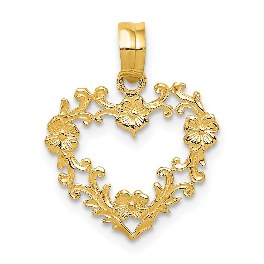 Colgante de Corazón con Borde Floral Pulido en Oro 14K