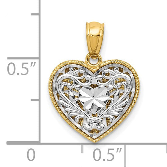 Colgante Reversible Corazón Pulido y Cortado en Diamante de 14K Dos Tonos