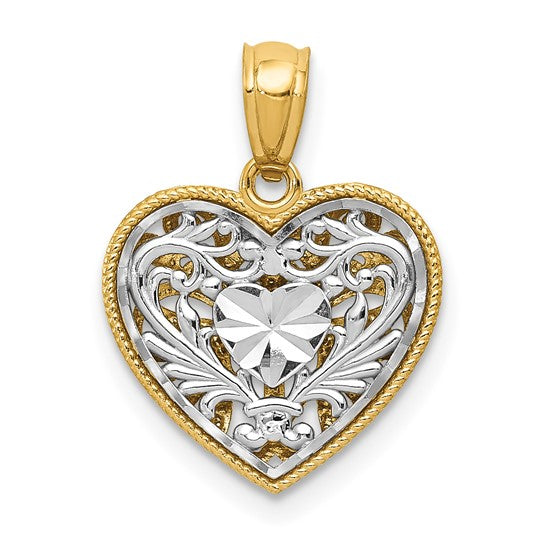 Colgante Reversible Corazón Pulido y Cortado en Diamante de 14K Dos Tonos