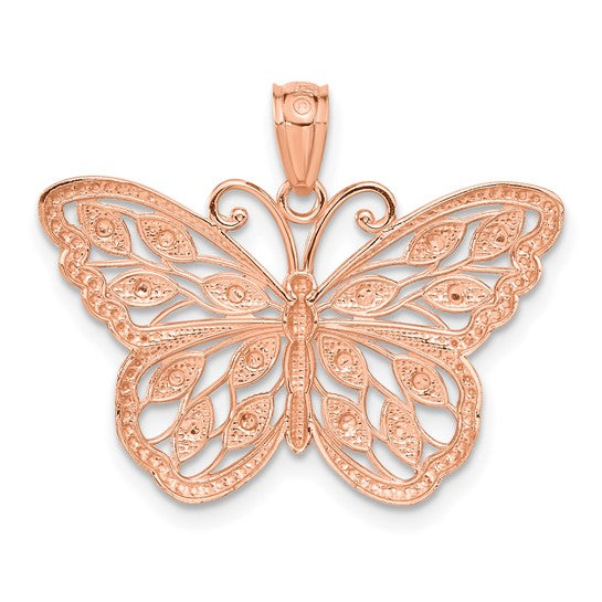 Dije de Mariposa en Oro Rosa de 14K con Corte Diamante y Rodio