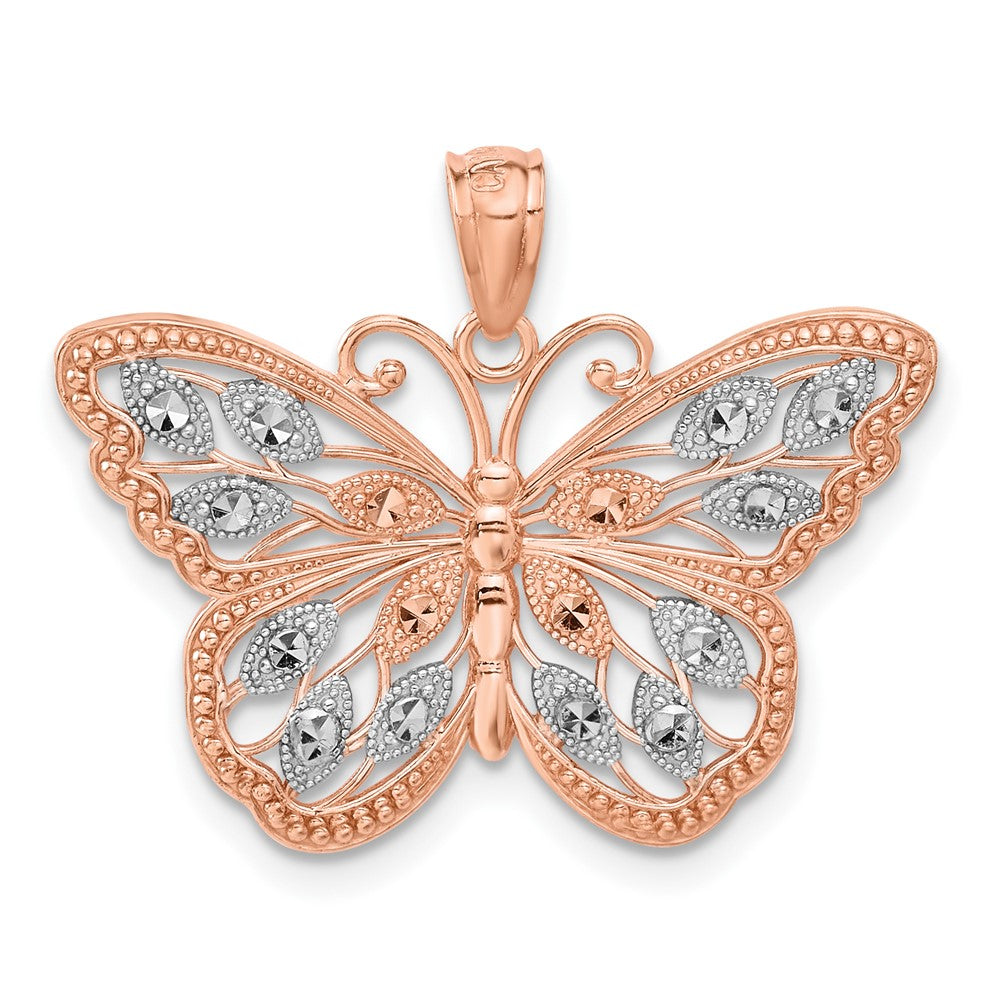 Dije de Mariposa en Oro Rosa de 14K con Corte Diamante y Rodio