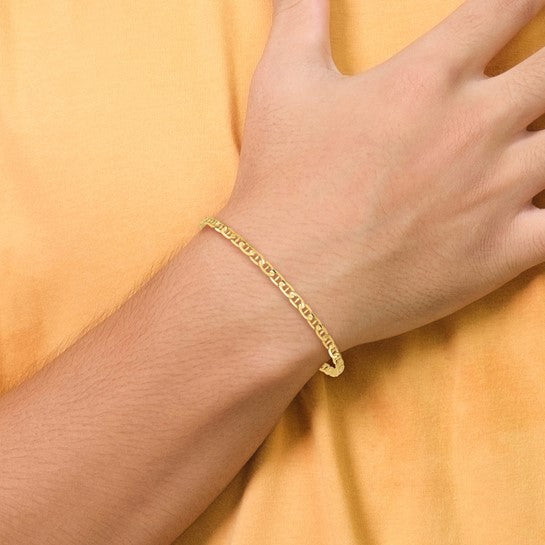 Pulsera Ancla Cóncava de Oro Amarillo de 14k, 3mm, con Cierre de Langosta