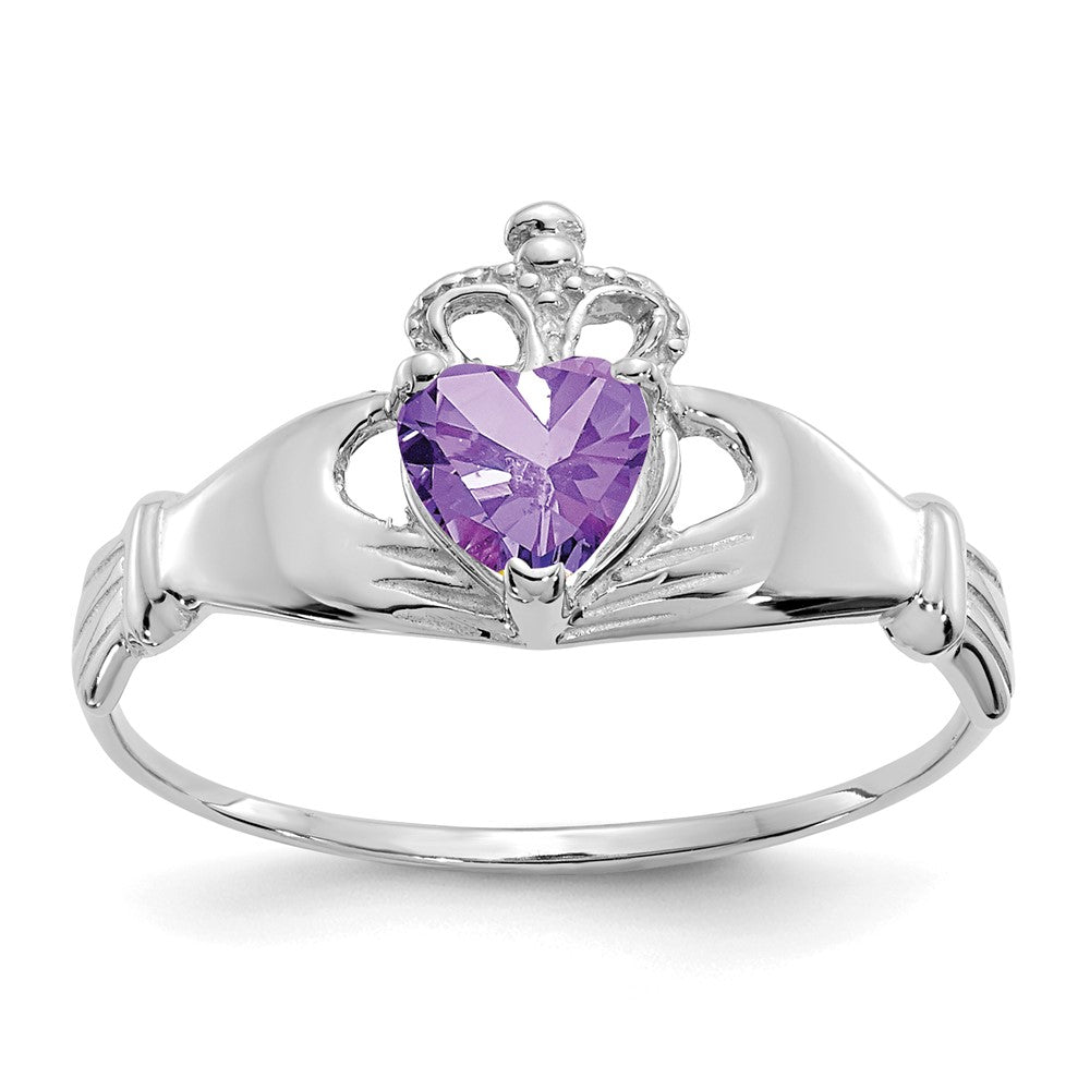 Anillo Claddagh con Piedra de Nacimiento de Febrero en Oro Blanco de 14K y Circonia Cúbica