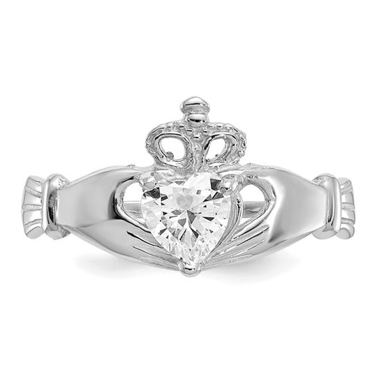 Anillo Claddagh con Piedra de Nacimiento de Abril en Oro Blanco de 14K y Circonia Cúbica