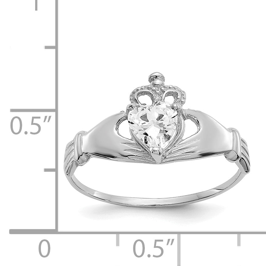 Anillo Claddagh con Piedra de Nacimiento de Abril en Oro Blanco de 14K y Circonia Cúbica