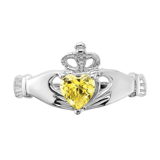 Anillo Claddagh con Piedra de Nacimiento de Noviembre en Oro Blanco de 14K y Circonia Cúbica