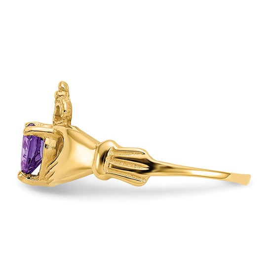 Anillo Claddagh con Piedra de Nacimiento de Febrero en Oro Amarillo de 14K y Circonia Cúbica