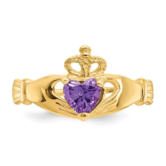 Anillo Claddagh con Piedra de Nacimiento de Febrero en Oro Amarillo de 14K y Circonia Cúbica