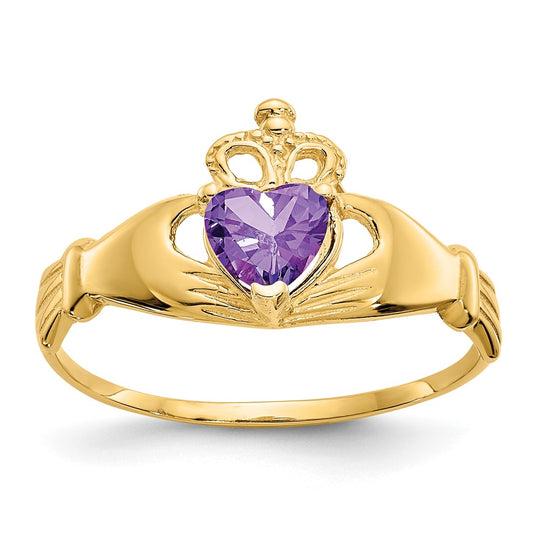 Anillo Claddagh con Piedra de Nacimiento de Febrero en Oro Amarillo de 14K y Circonia Cúbica