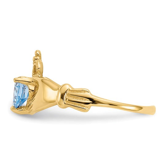 Anillo Claddagh con Piedra de Nacimiento de Marzo en Oro Amarillo de 14K y Circonia Cúbica