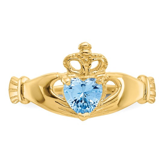 Anillo Claddagh con Piedra de Nacimiento de Marzo en Oro Amarillo de 14K y Circonia Cúbica