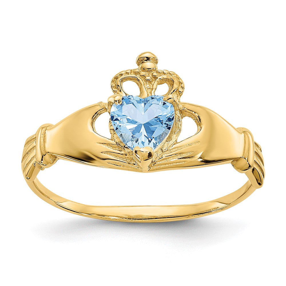 Anillo Claddagh con Piedra de Nacimiento de Marzo en Oro Amarillo de 14K y Circonia Cúbica