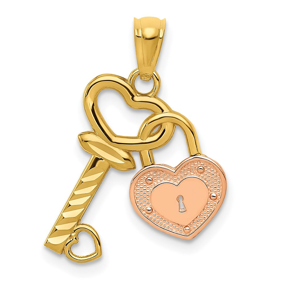 Colgante en Forma de Corazón con Cerradura y Llave Bicolor de 14k