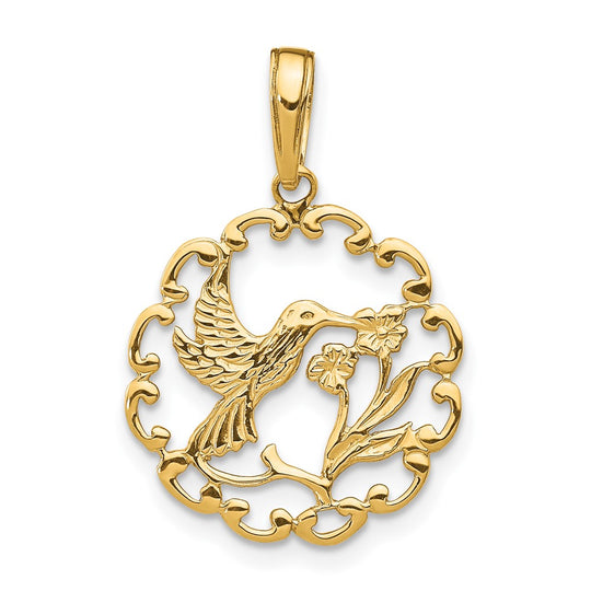 Colgante Colibrí con Flor en Marco en Oro de 14k