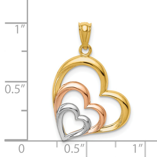 Colgante 3 Corazones Pulidos Bicolor y Rodio Blanco de 14k