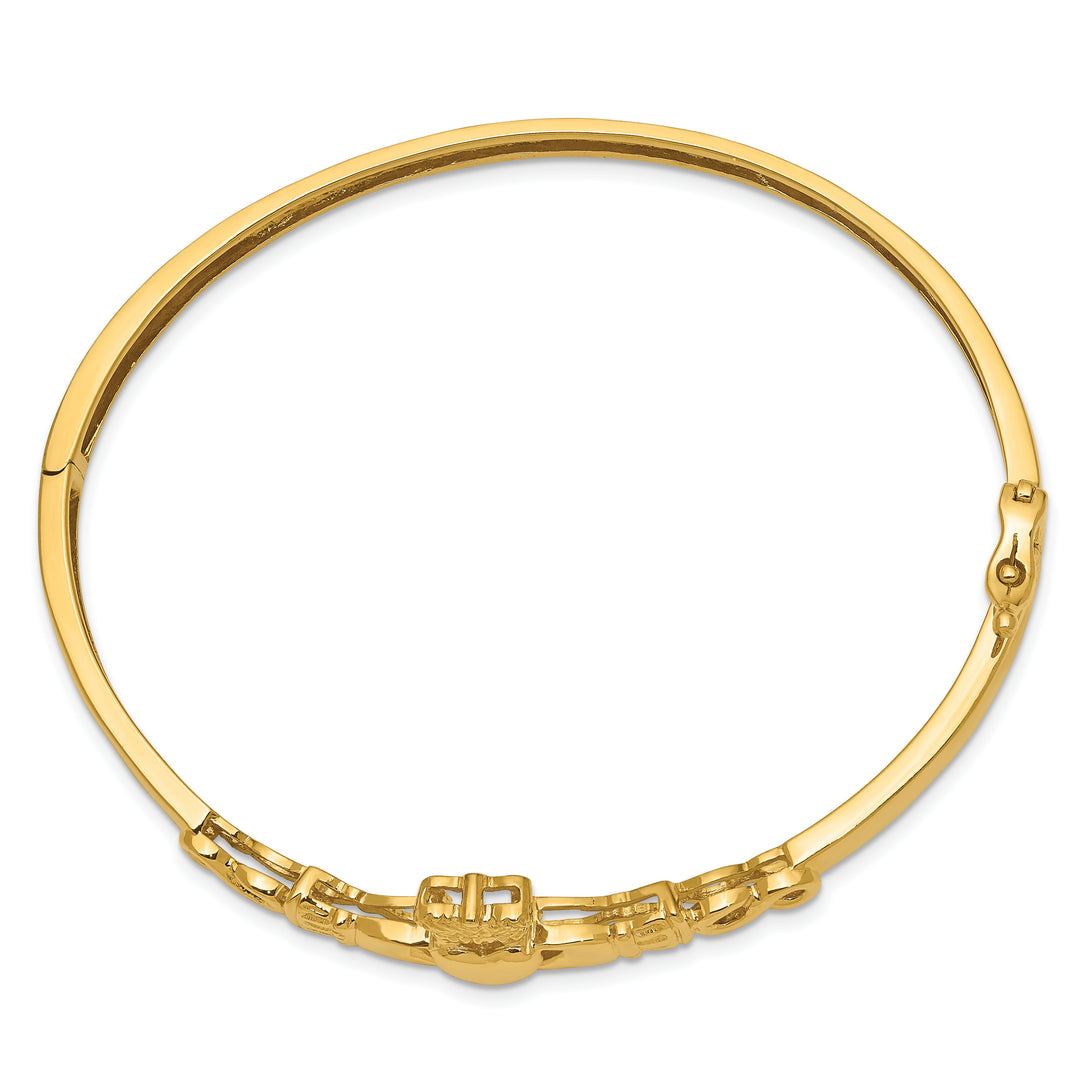 Brazalete Bangle de Oro Amarillo 14K con Corte de Diamante y Diseño Claddagh