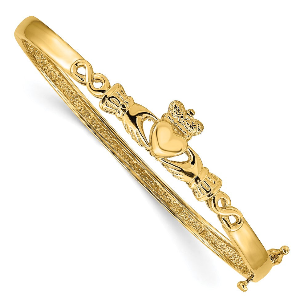 Brazalete Bangle de Oro Amarillo 14K con Corte de Diamante y Diseño Claddagh