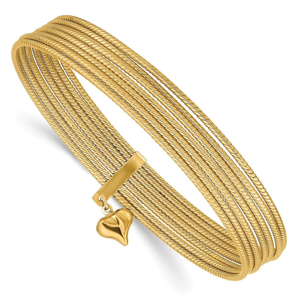 Set de 7 Pulseras Bangle Texturizadas en Oro Amarillo de 14k con Corazón Colgante y Sobresaliente