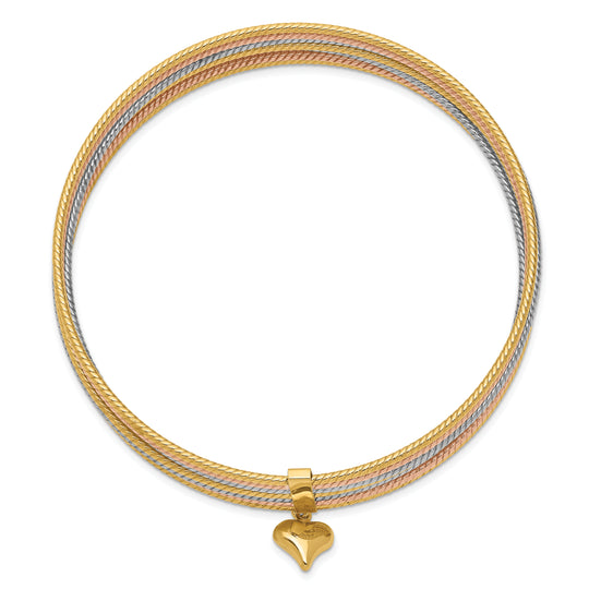 Set de 7 Pulseras Bangle Texturizadas Tri-Color de 14k con Corazón Colgante