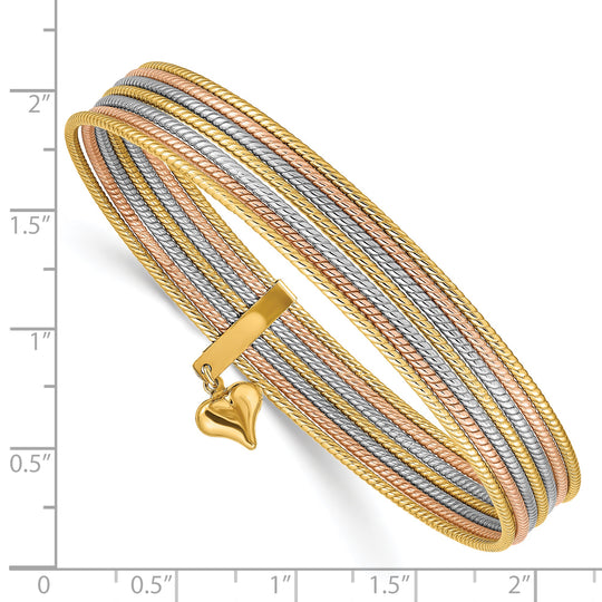 Set de 7 Pulseras Bangle Texturizadas Tri-Color de 14k con Corazón Colgante