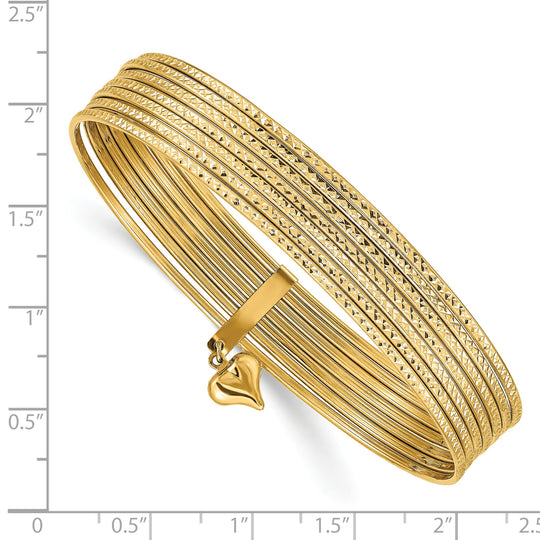 Set de 7 Pulseras Bangle Texturizadas en Oro Amarillo de 14k con Corazón Colgante